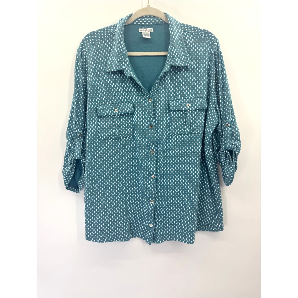 Women Button Up Flower Print Collared Teal Top 2X Roll Tab Sleeve Stretch Pocket